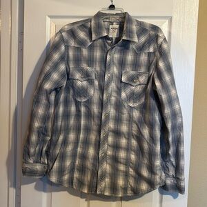 Fossil men’s blue plaid long sleeve pearl snap western shirt size large